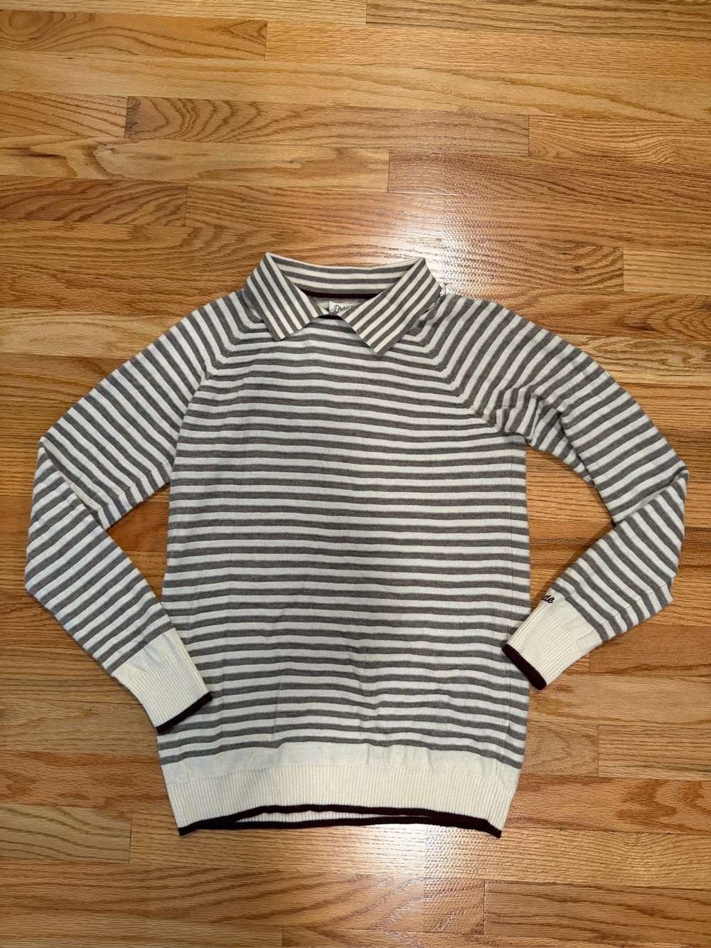 Draw & Fade Women’s Medium Merino Wool Taupe Cream Striped Collared Sweater